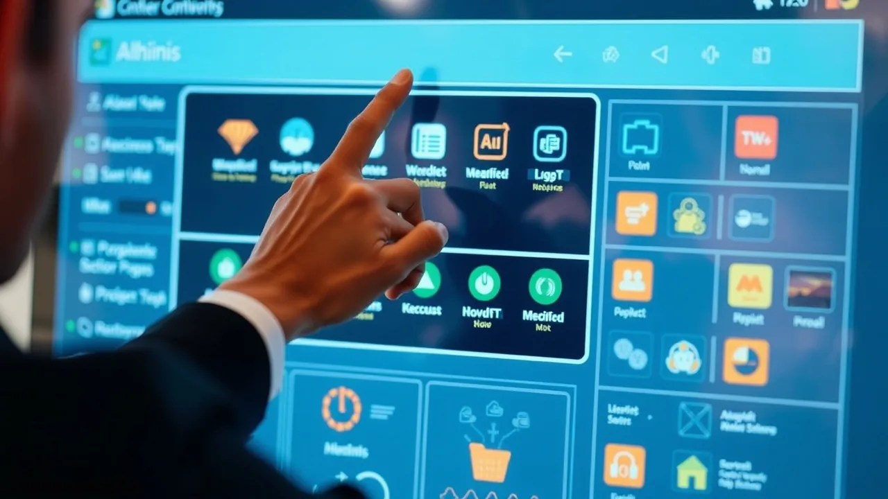 A person touches a large screen that displays automated workflow steps and icons