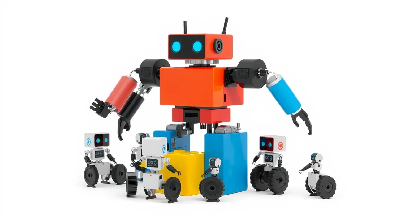 Several small robots assemble a bigger robot from colored blocks