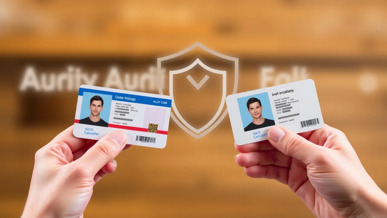 Two hands holding ID cards under a shield icon