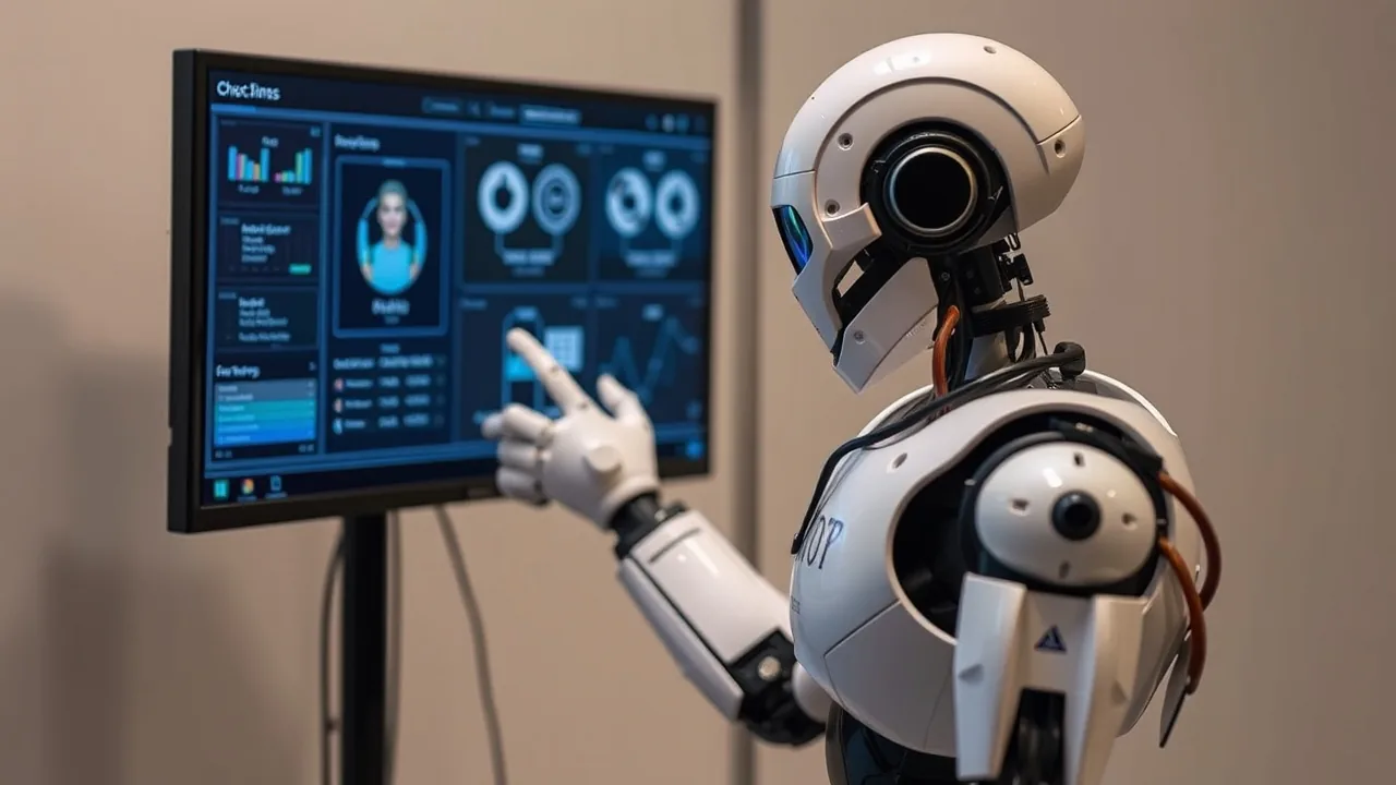 A person gestures at a display while a white robot model replaces its parts