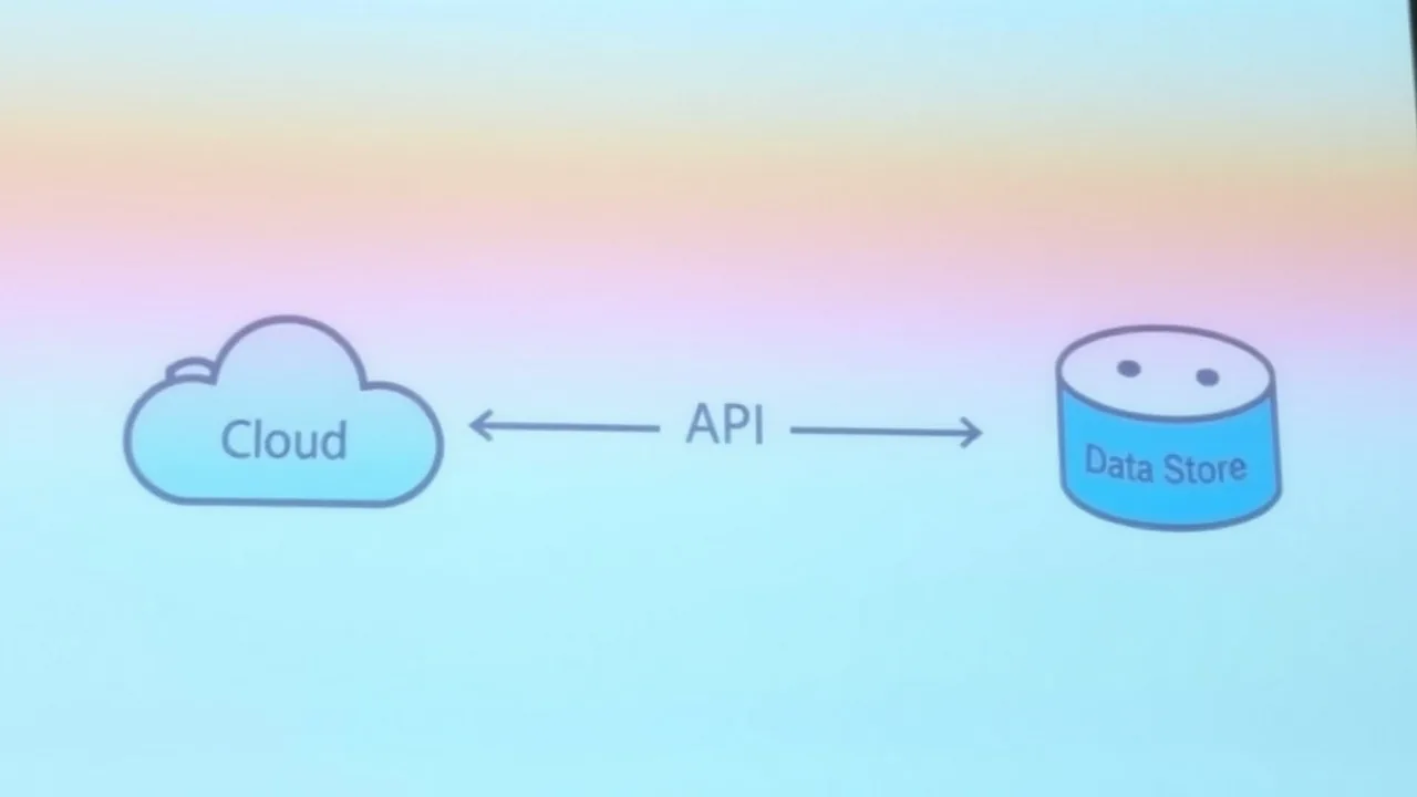 A diagram on a screen shows boxes and arrows connecting cloud, API, and data store.