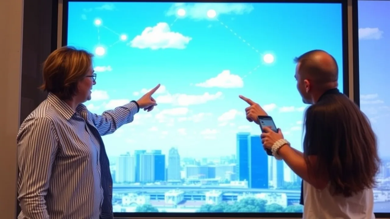 Two people point at a large screen with cloud links and a city skyline behind them.