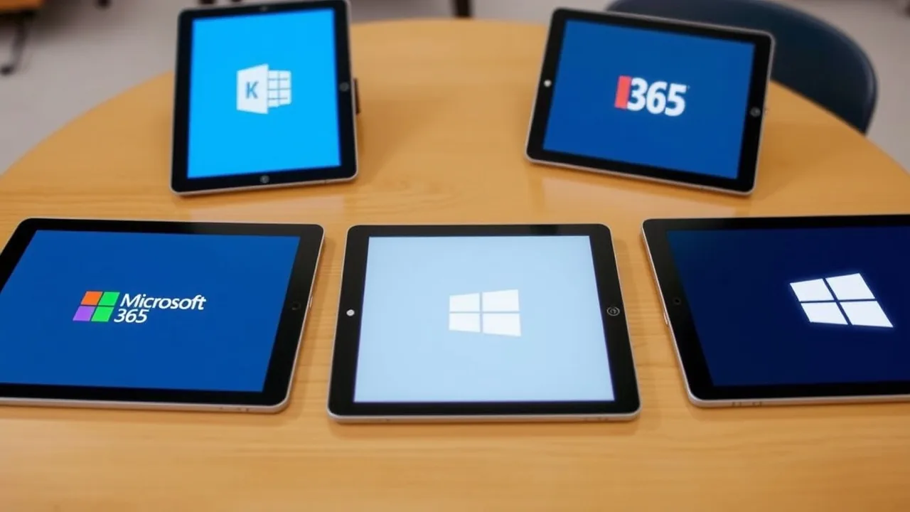 A table with three tablets each showing a different Microsoft 365 logo.