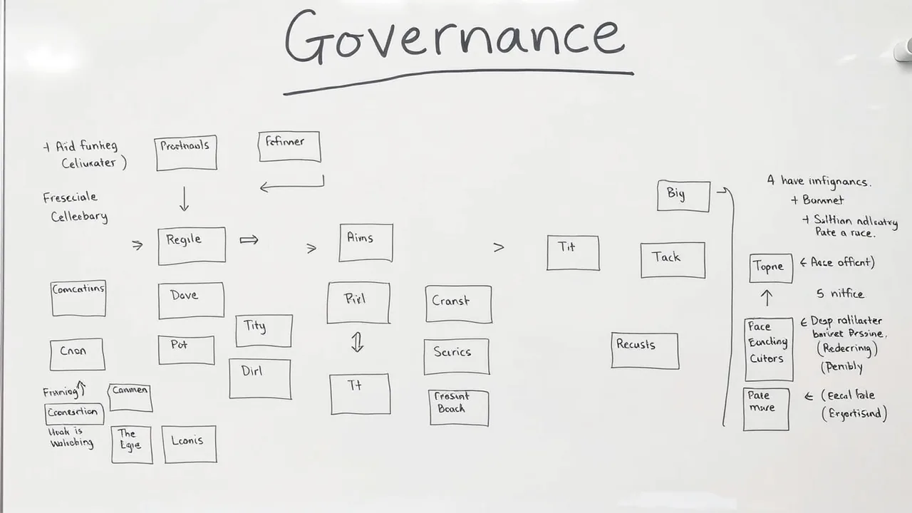 A whiteboard covered in boxes and arrows with the word 