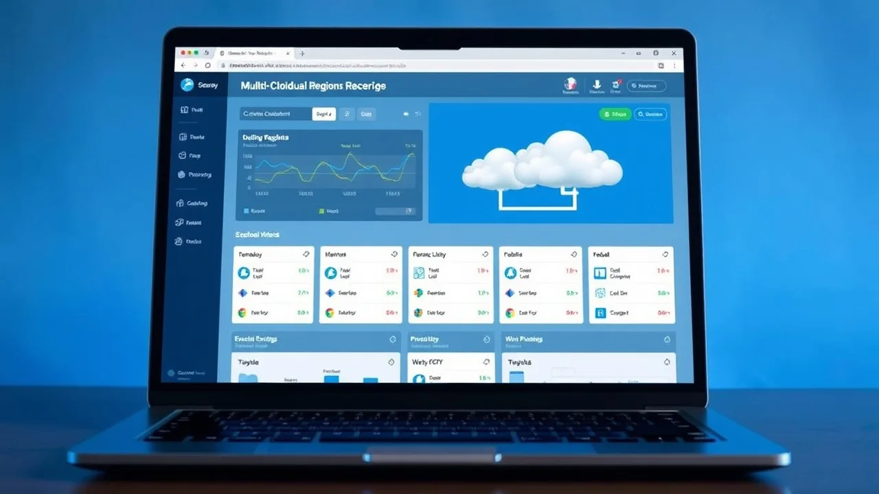 A laptop screen with a dashboard showing multi‑cloud regions and data flows.