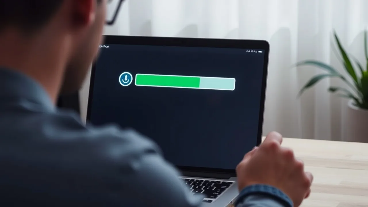 A person at a laptop watching a screen that shows a backup progress bar.
