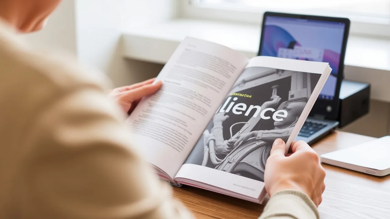 A person at a desk reading a printed guide with the word