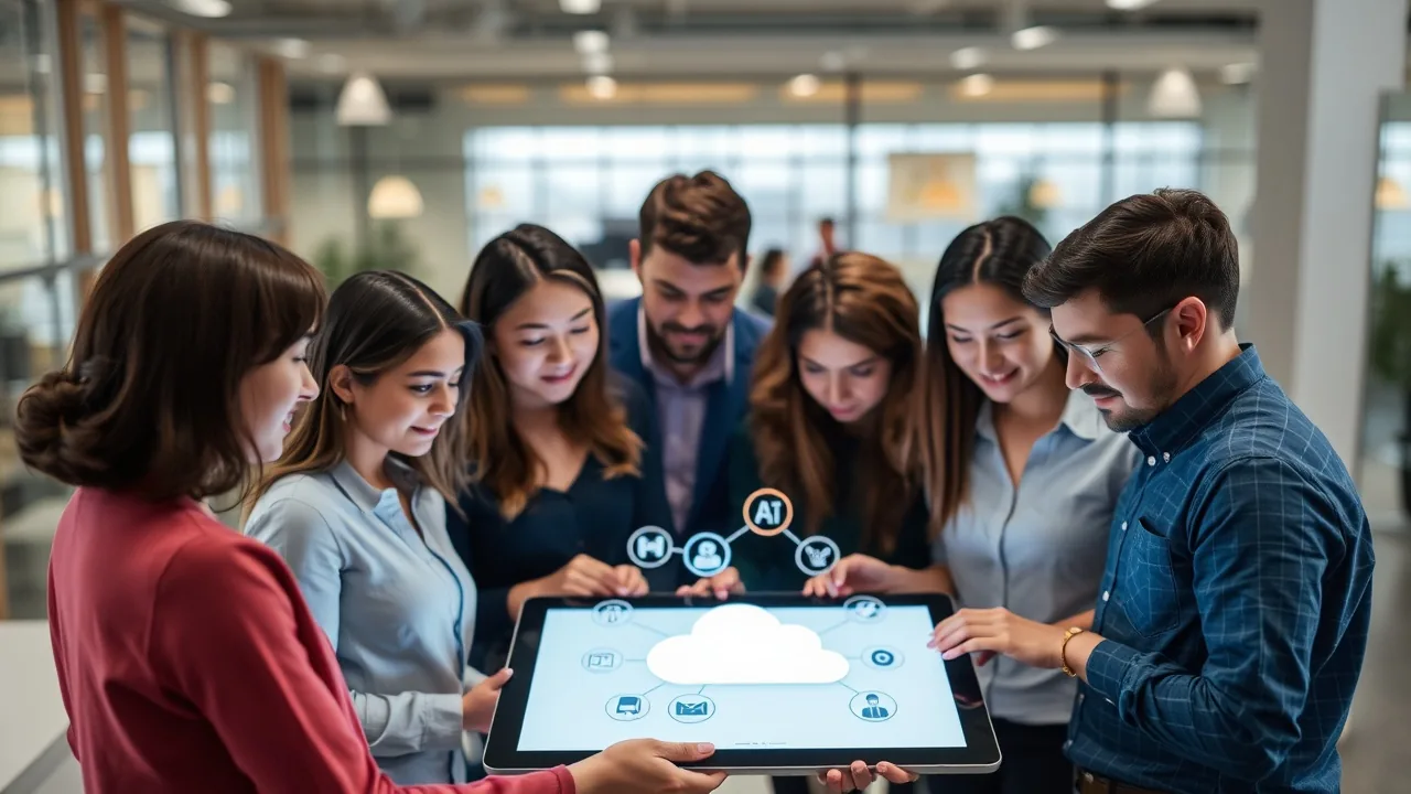A small team standing around a tablet that displays cloud and AI icons.