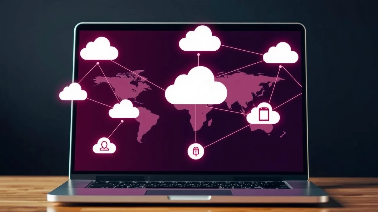 A laptop showing network maps connected to public and private cloud icons