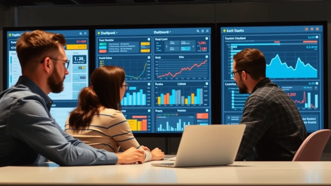 A team of people looking at a dashboard with charts and alerts