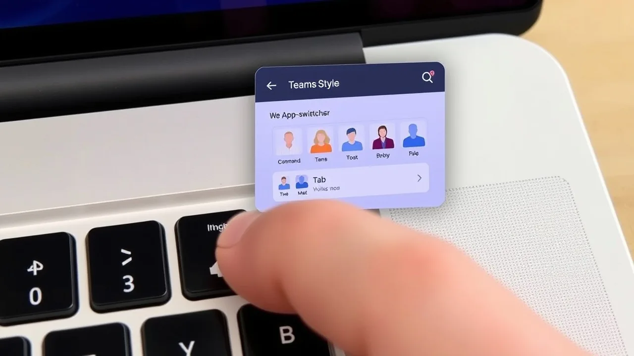 A MacBook keyboard with the Command and Tab keys pressed and a small app switcher showing Teams
