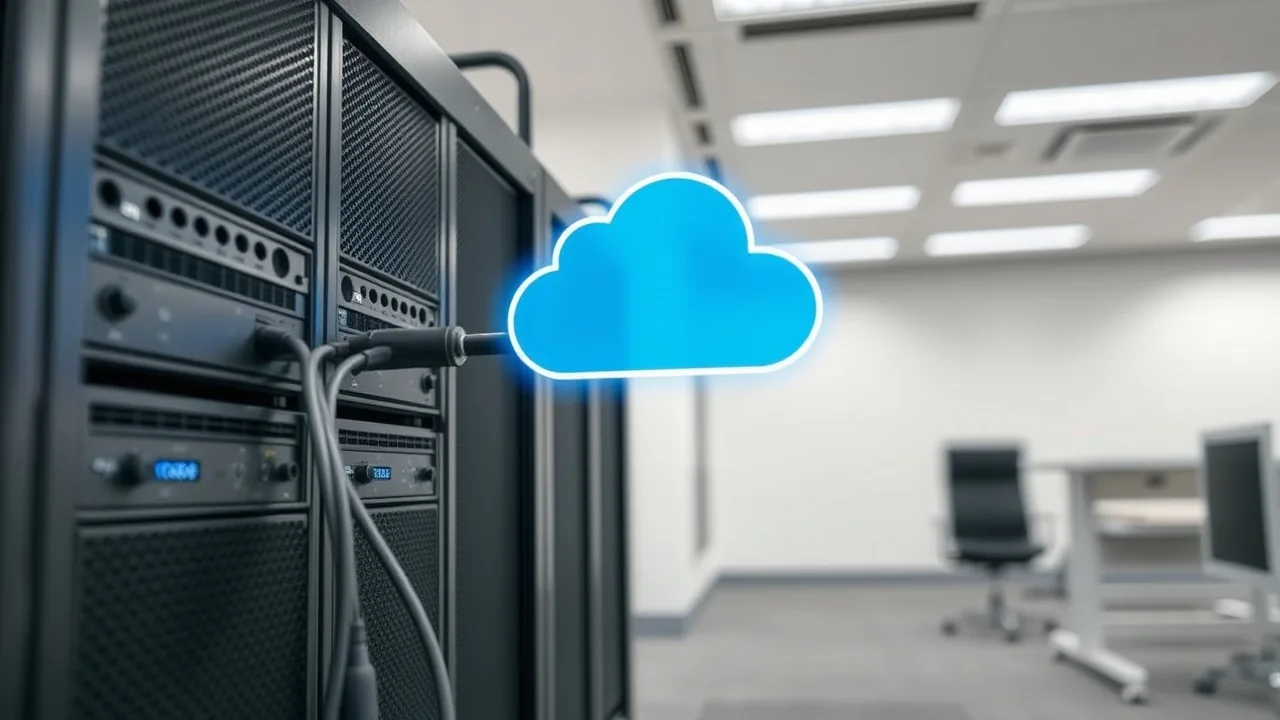 A server rack in an office with a cable linking to a blue cloud icon in the sky