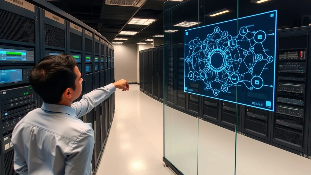 A data center with server racks and someone pointing at an AI model diagram shown on the glass wall