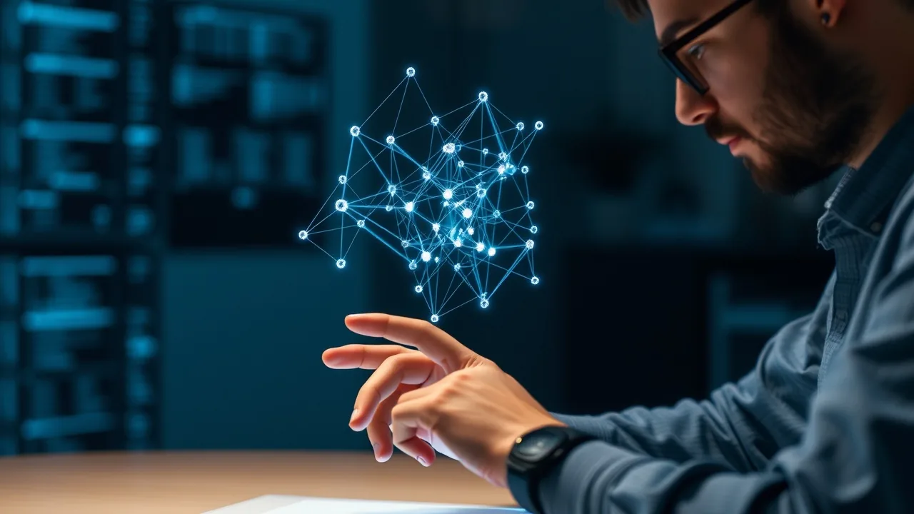 A developer touches a holographic model of a neural network floating above a table.