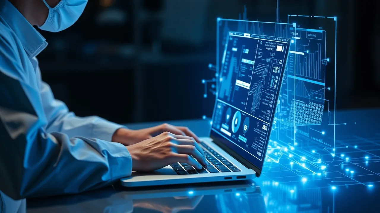 A technician using a laptop with a glowing firewall hologram around it
