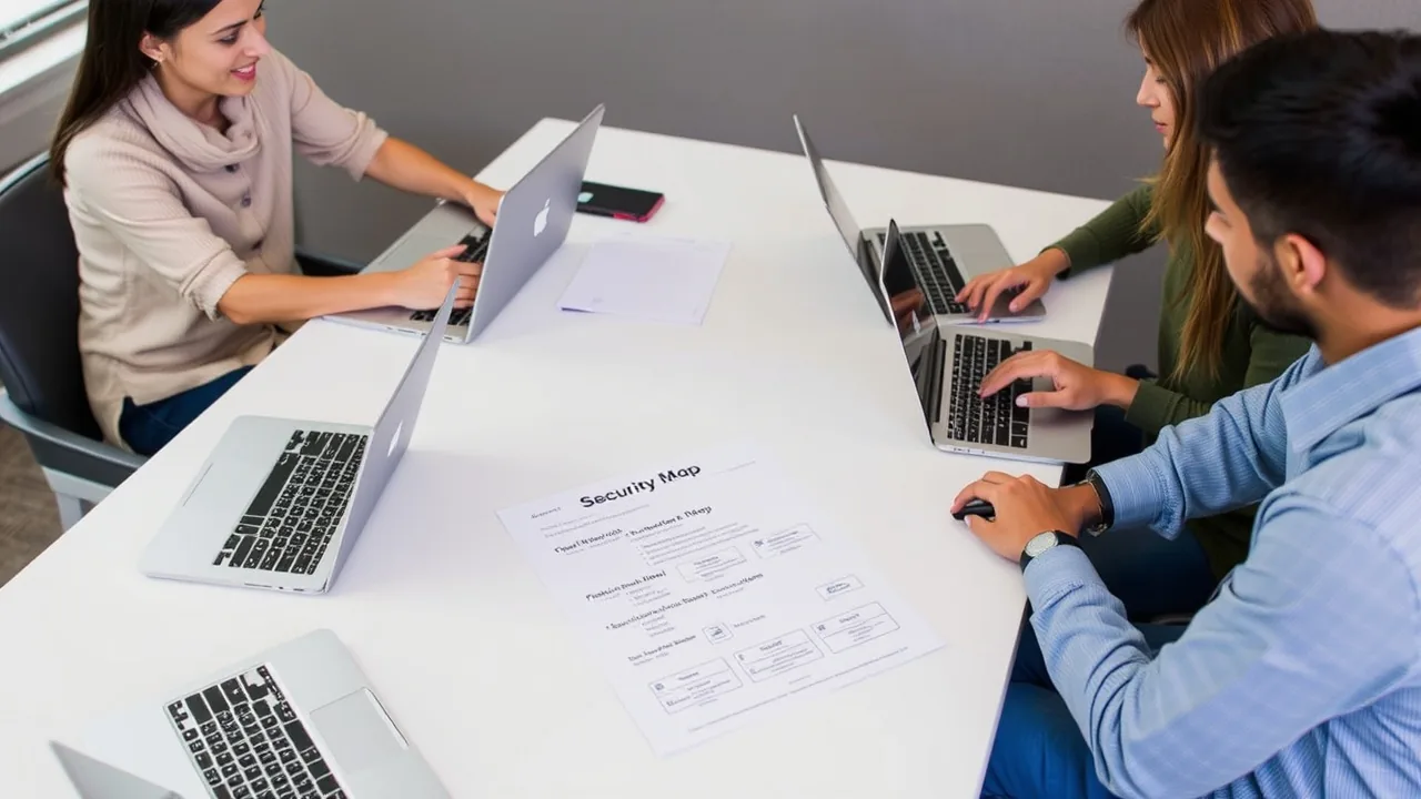 A team sits at a table with open laptops and a paper titled