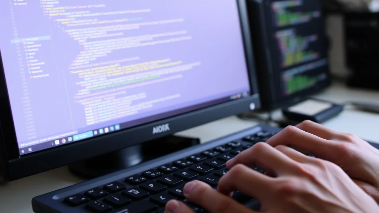 Hands type on a keyboard with a code editor visible on the monitor.