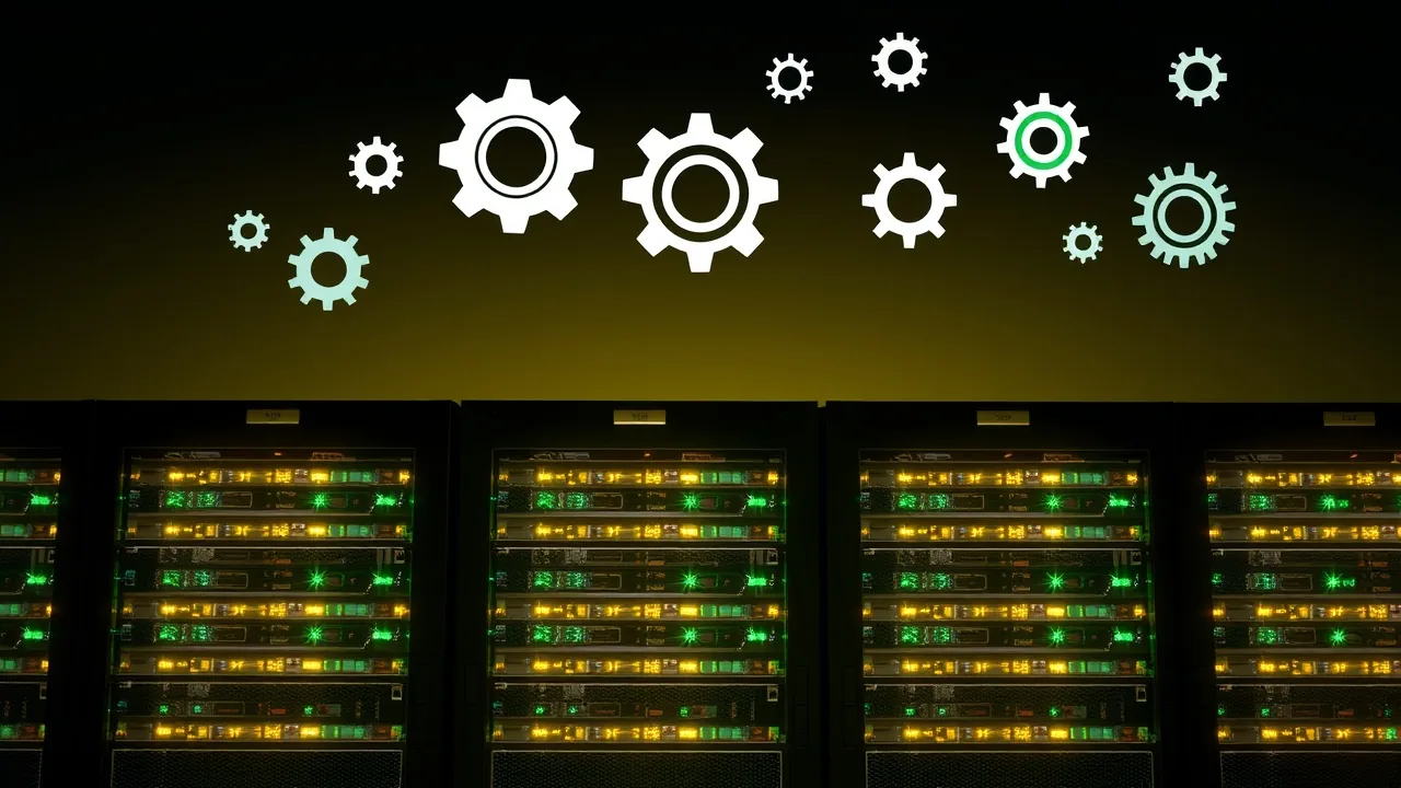 A row of server racks with glowing lights and floating gear icons above them