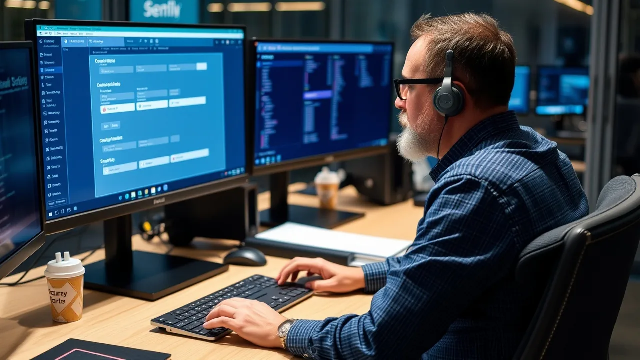 An administrator at a desk looking at security settings on a monitor
