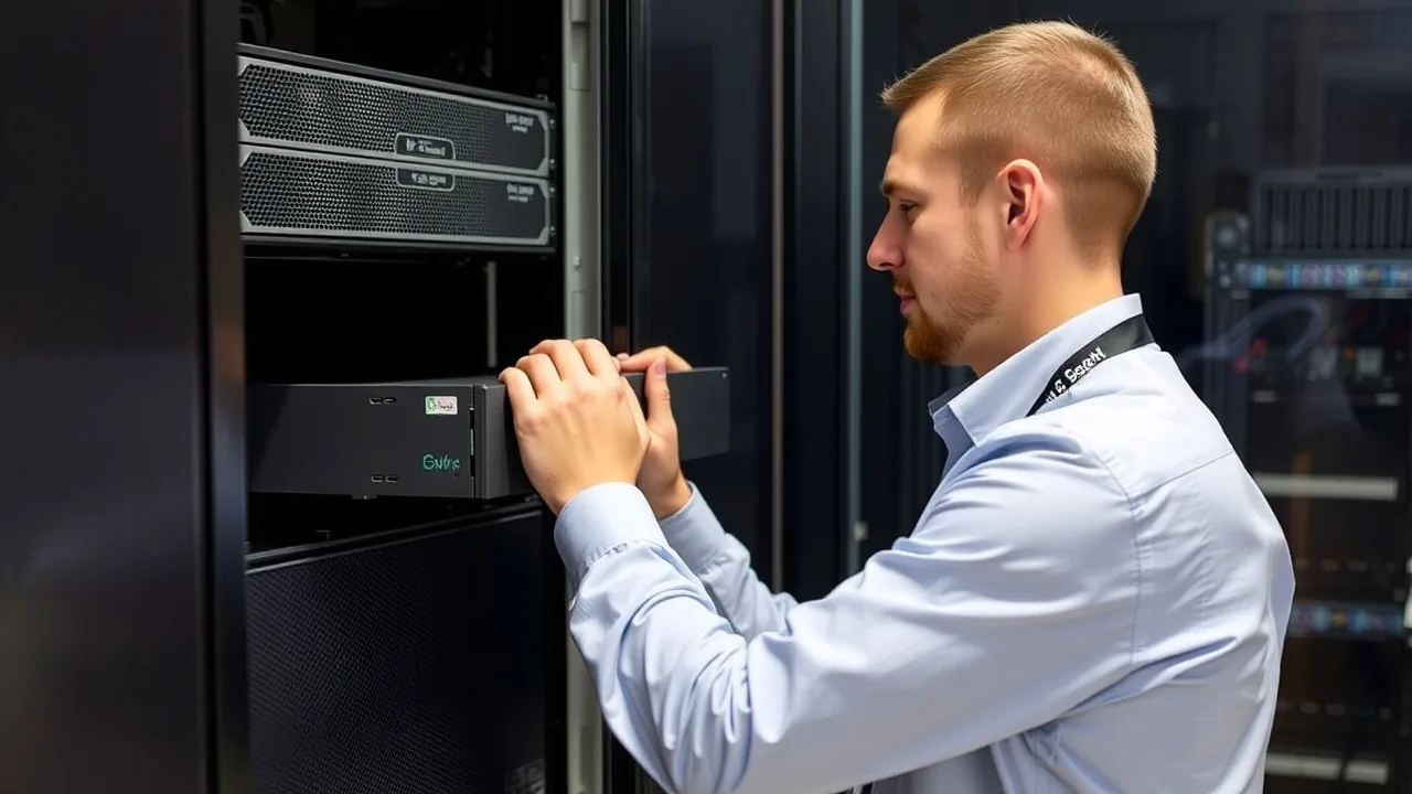 A technician sliding a server unit into a rack while wearing an ID badge