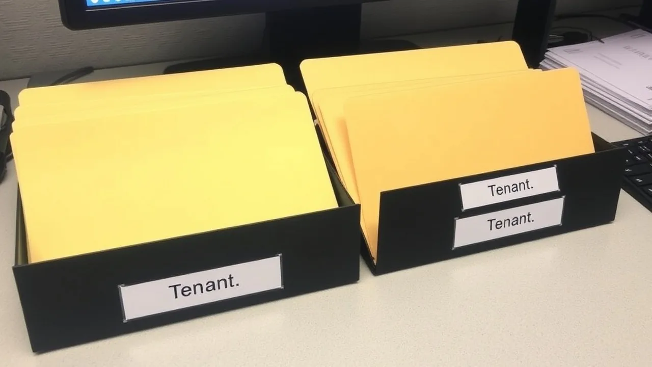 Two folders sit side by side on a desk, each folder labeled with a tenant name.