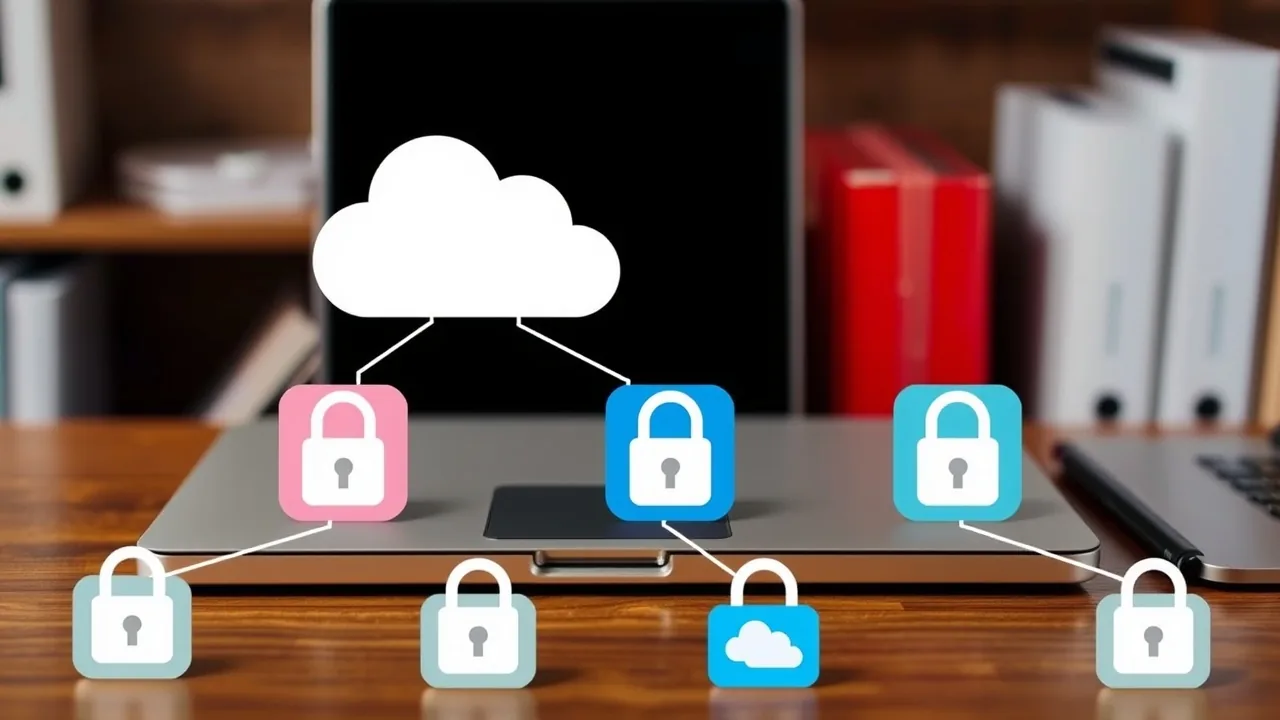 A cloud icon above a desk is connected by lines to small locks on different app tiles.