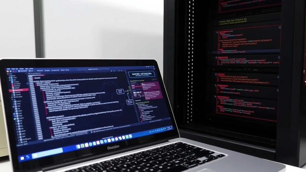 A server rack sits beside a laptop showing code and architecture diagrams.