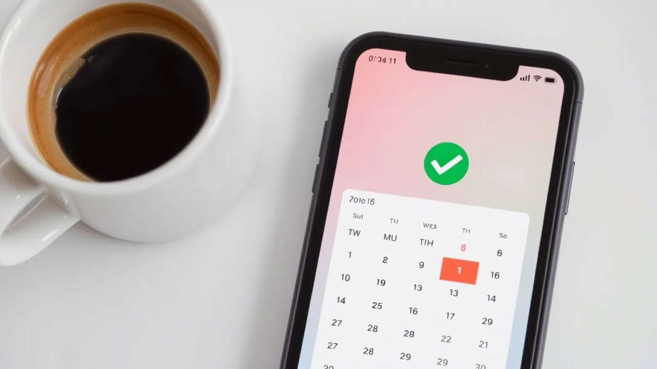 A mobile phone displays a calendar and a checkmark while a coffee cup sits nearby