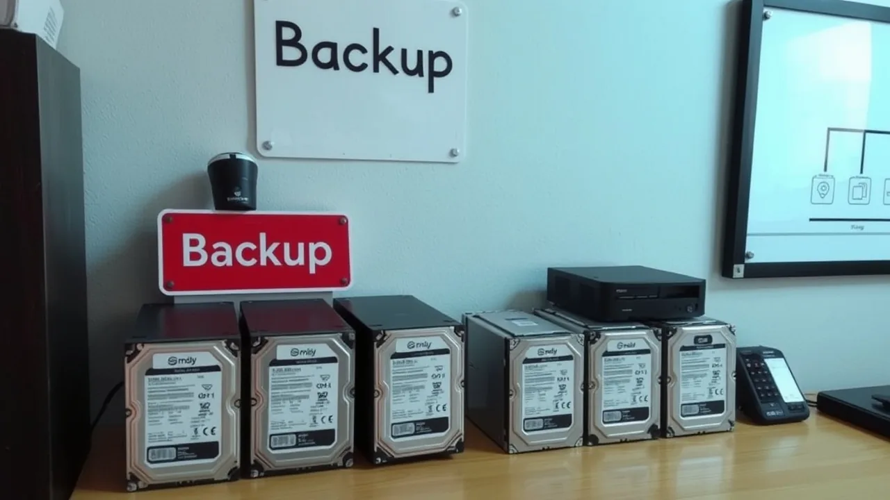 A desk with labeled hard drives under a sign that reads