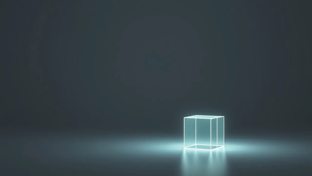 A glowing cube in midair next to a smaller cube as the small cube changes shape