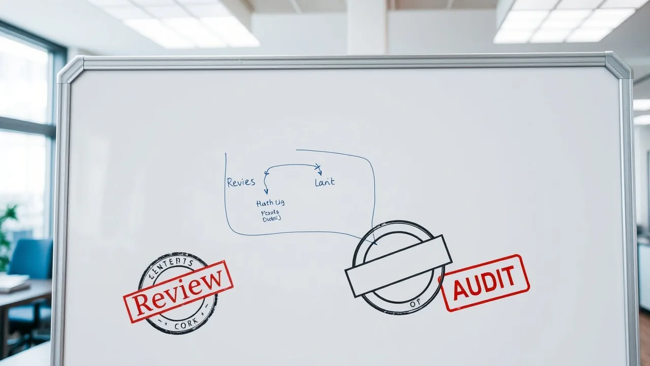 A whiteboard in an office showing a simple flowchart and stamps that read 