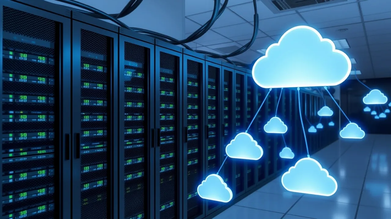 A row of server racks next to floating cloud icons linked by cables.