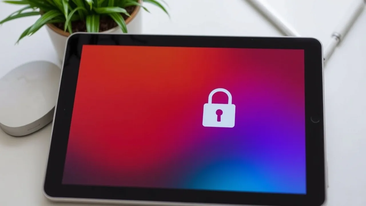 A tablet on a desk shows a Power Apps screen with a large padlock icon
