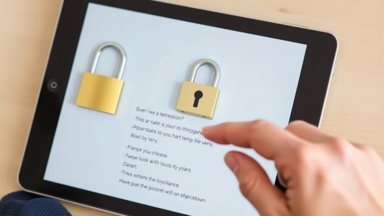 A hand points at a tablet with a padlock and a list of rules on the display